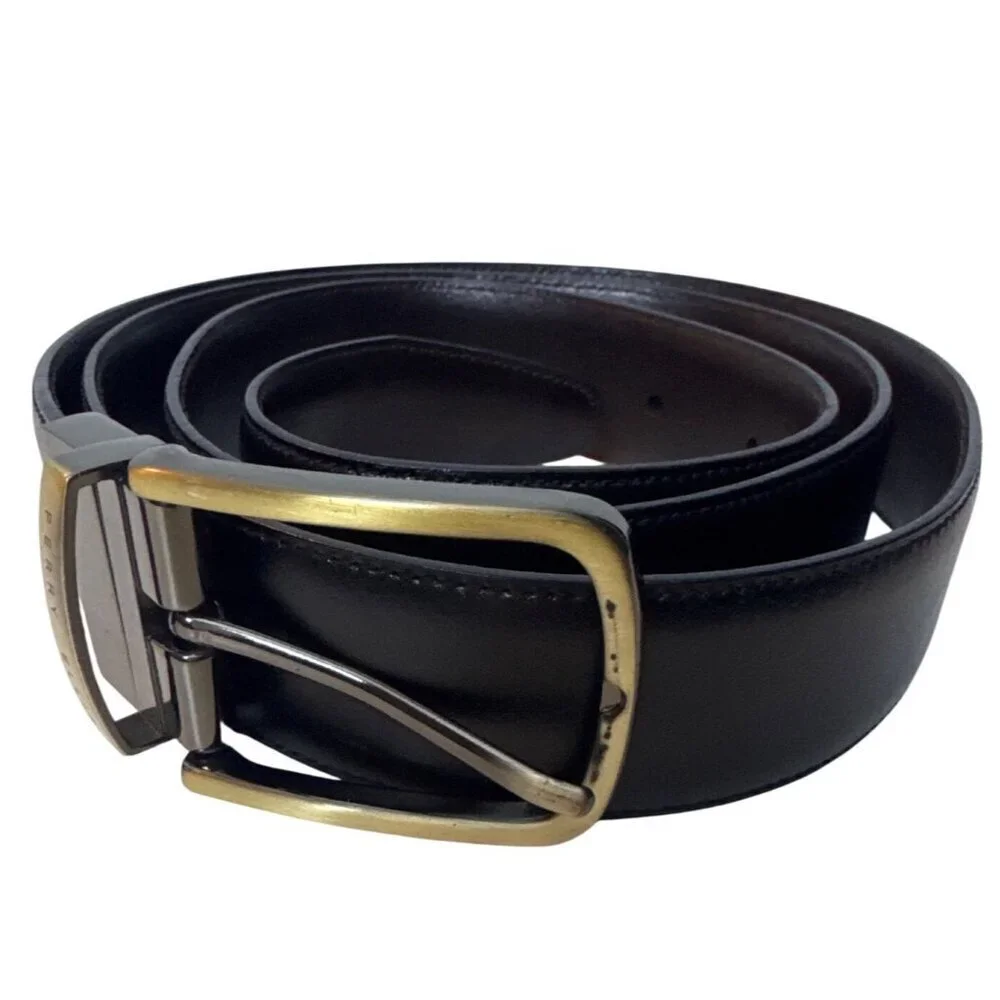 Perry Ellis Mens Black Leather Belt With Gold Buckle Waist Size 46/100 Classic D